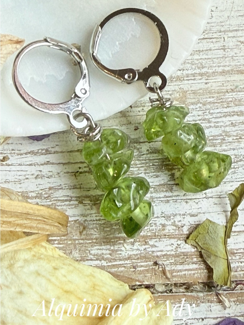 Alquimia Peridot Green Chip Dangle Earrings with Silver Leverbacks